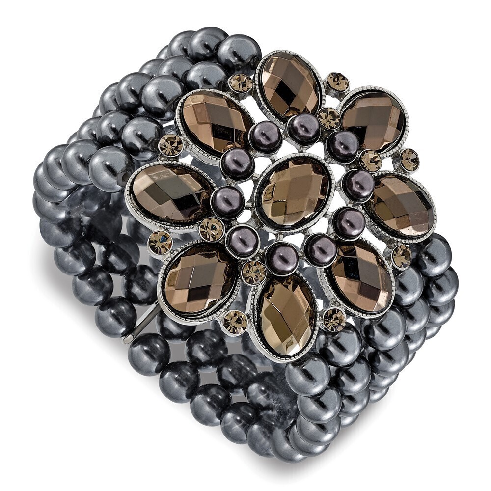 Floral Frame Jet Black, Hematite Acrylic Beads, Black Bead Stretch Bracelet